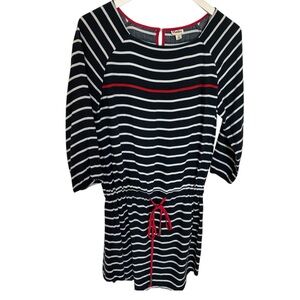 Hatley Navy and White Striped Dress with Red Trim and adjustable waist